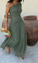 Robe longue plissée été femme asymétrique une épaule